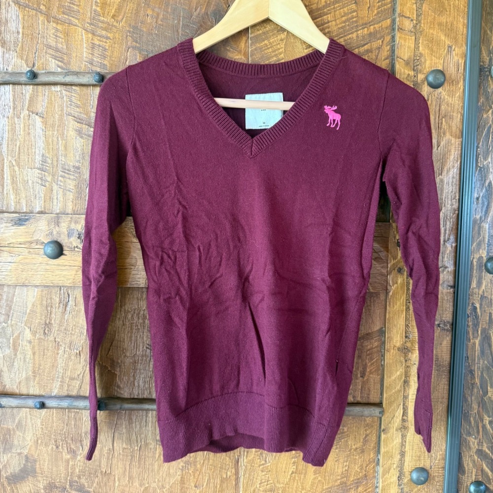 Abercrombie Kids V-Neck Sweater M Burgundy Maroon Pink Moose Logo Knit Pullover